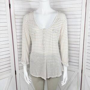 89th & Madison Striped Shirt V Neck Pocket Tee Roll Sleeve Beige White Medium